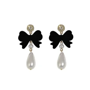 Vintage Alloy Pearl Long Tassel Unique Bow Drop Dangle Holiday Flocking Stud Earrings for Women