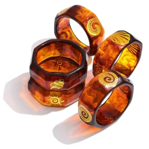 Vintage Amber Color Acrylic Bangle Gold Stamped Sun Conch Design Bracelet for Gift