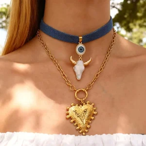 Vintage Antique Gold Bull Head Blue Eye Necklace Earrings Set Niche Punk Style Exaggerated Heart Cool Jewelry for WomenWholesale