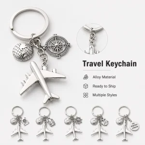 Vintage Antique Silver Zinc Alloy Travel Keychain Airplane Globe Compass Pendant Keyring Charm for Bag Luggage Gift RTS