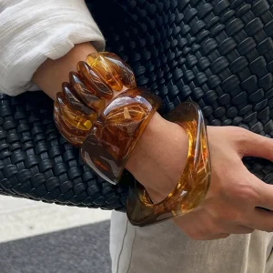 Vintage Autumn Brown Geometric Acrylic Bracelet Bangle Exaggerated Marble Stretch Bracelet Women