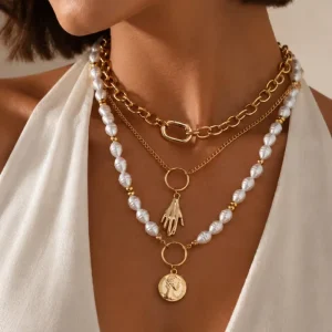 Vintage Baroque Imitation Pearl Coin Hand Palm Pendant Necklace for Women Elegant Ladies Stack Choker Collar Accessories Jewelry