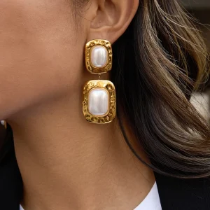 Vintage Big Pearl Earrings Stainless Steel Hammered Rectangle Drop Earrings 18k Gold