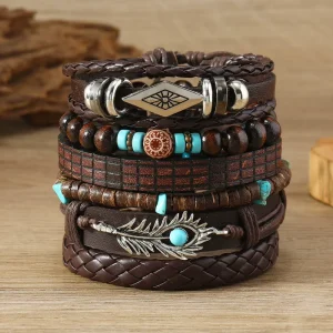 Vintage Black Bead Imitation Rhodium Plated Leather Bracelets Fashion Hollow Triangle Multi Wrap