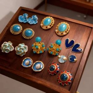 Vintage Blue Cyan Flower Retro Dripping Oil Copper Natural Stone Women’s Stud Earrings High end Factory Cross border