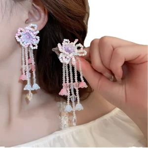 Vintage Bohemian Alloy Seed Beaded Stud Earrings Trendy Tassel Fashionable Handmade Gold Plated Imitation Pearl