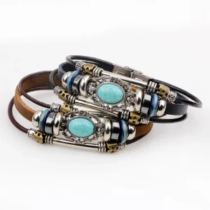 Vintage Bohemian Bracelet, Men’s Multilayer Cuff with Skull Beads, Stainless Steel Clasp