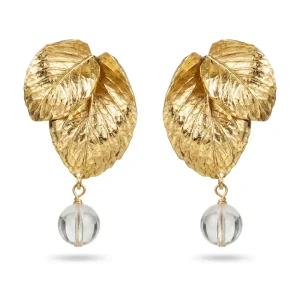 Vintage Bohemian Natural White Crystal Pendant Earrings Textured Metal Leaf Monstera Dangle Drop Jewelry for Women
