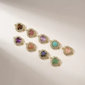 Vintage Boho Style Heart Shape Natural Stone Link 18K Gold Plated with Sparkling Rhinestones for Handmade DIY