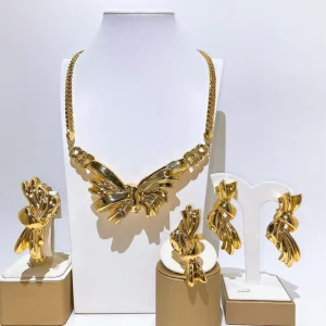Vintage Bowknot Gold Plated Jewelry Set 4Pcs Necklace Earrings Bracelet Ring for Women African Party Gift HK0256