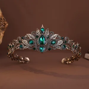 Vintage Bronze Emerald Green Fairy Crown Tiaras Crystal Leaves Elf Tiara Bandana Hair Accessories for Women Costume Hair Jewelry