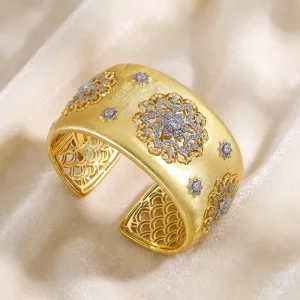 Vintage CZ Inlaid 925 Sterling Silver Gold Plated Geometric Open Bangle European American Style Unisex Jewelry