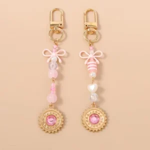 Vintage Cartoon Fashion Beaded Bow Alloy Keychain with Rhinestone Round Pendant and Sun Shaped Key Ring Bag Charm