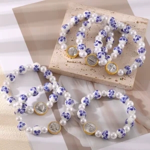 Vintage Chinese Blue White Porcelain Stretch Bracelet Autumn Faux Pearl Women Jewelry
