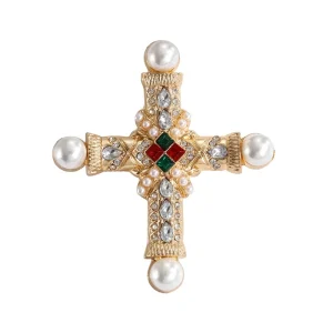 Vintage Christening Feast Baptism Brooch Alloy Rhinestone Pearl Retro Court Style Baroque Cross Brooch Pin