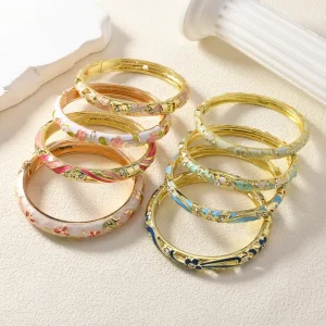 Vintage Cloisonne Pink Palace Style Bracelet Enamel Oil Drop Flower Series Open Fashion Bangle