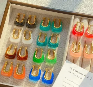 Vintage Color Transparent Resin U shaped Ear Clips, Candy colored Geometric Earrings, Versatile Accessories
