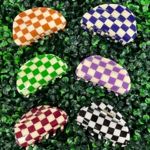 Vintage Colorful Checkerboard Acetate Hair Claw Clip Trendy Plaid Shark Hair Grab Clip Fashion Women