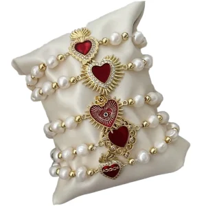 Vintage Copper Beaded Imitation Pearl Red Heart Bracelet Religious Unique Design