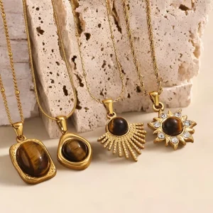 Vintage Copper Gemstone Tiger Eye Geometric Pendant Necklace with Bamboo Chain for Unisex