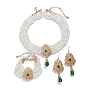 Vintage Crystal Faux Pearl Beaded Jewelry Set 18K Gold Plated Alloy for Daily Wear Party Gift