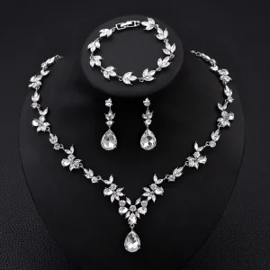 Vintage Crystal Necklace Earrings Bracelet Set Chain, Japanese and Korean Fashion Bride Wedding Evening Accessories