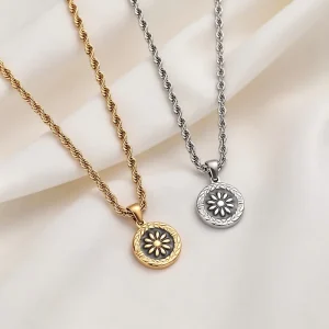 Vintage Custom Stainless Steel Daisy Coin Pendant Necklace Gold Plated Anti Tarnish Adjustable Men Streetwear Fashion Jewelry