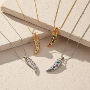 Vintage Dagger Shaped Cubic Zirconia Pendant Necklace Bamboo 18K Gold Plated Stainless Steel Fashion Design for Women Daily Wear