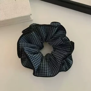Vintage Dark Plaid Scrunchie Ruffle Edge Check Hair Tie Preppy Style Hair Accessory for Women Daily Wear