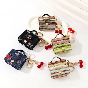 Vintage Denim Cherry Decorative Striped Leather Mixed Material Keychain Quadrilateral Style Neutral Personality Fashionable Fun