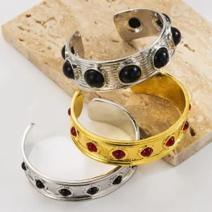 Vintage Design Sense Wide Face Texture Inlaid Chunky Bangle Bracelet Fashion Personality Cuff Bracelet for Women