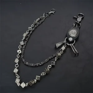 Vintage Dice Charm Waist Chain Double Layer Metal Pants Chain Amekaji Biker Jean Chain With Leather Key Hook For Men Women
