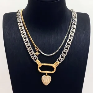 Vintage Double Layered Heart Pendant Necklace Trend Gold Plated Alloy Crystal Jewelry for Women Romantic Gift