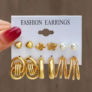 Vintage Earrings Set 6 Piece Square Geometric Metal Hoop Cross Border Ins Style