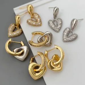 Vintage Earrings Sparkling Zircon Heart Earrings Brass Heart Link Drop Earrings Classic Style