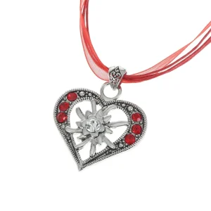 Vintage Edelweiss Necklace Multicolor Rhinestone Ribbon Rope Flowers Pendant Fashion Traditional Dirndl Costume German Jewelry