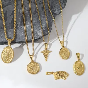 Vintage Eight Pointed Star Peach Heart Angel Trophy Stainless Steel Gold Tone Nut Shaped Clasp Bamboo Chain Versatile Pendant