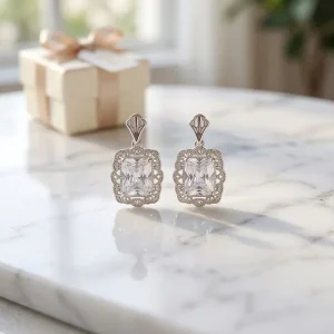 Vintage Emerald Cut CZ Bridal Drop Earrings Art Deco Filigree Halo 18K White Gold Plated Luxury Wedding Jewelry