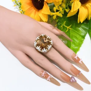 Vintage Enamel Flower Cushion Champagne Crystal Ring Gold Plated Statement Cocktail Ring Elegant Party Women Jewelry Gift