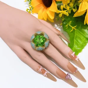 Vintage Enamel Flower Ring Round Green Gemstone Statement Ring Gold Plated Light Blue Enamel Cocktail Ring Luxury Party Jewelry