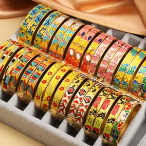 Vintage Enamel Painting Stainless Steel 18K Gold Plated Multi color Geometry Personalized Bangle Bracelet Women Trendy
