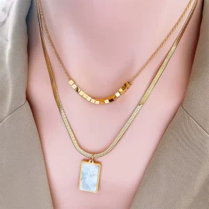 Vintage Engagement Anniversary Wedding Party Square Clavicle Chain Titanium Plated Alloy Women’s Jewelry Set Trendy Double Layer