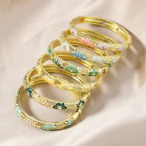 Vintage Ethnic Cloisonne Colorful Oil Drip Enamel Bracelet Lock Catch Press Alloy Zircon Jewelry Flower Bracelet for Women Gift