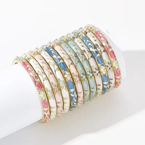 Vintage Ethnic Engraved Grain Alloy Bangles Colorful Oil Drip Flower Relief Cloisonne Enamel Bangles
