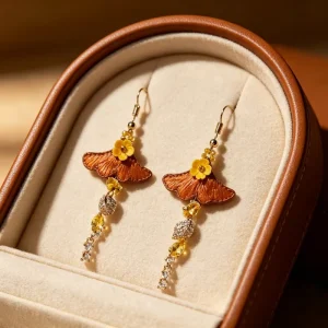 Vintage Ethnic Ginkgo Leaf Drop Earrings Handcrafted Miao Silk Natural Stone Women’s Trendy Daily Wear Fashion Jewelry