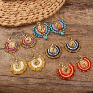 Vintage Ethnic Style Seed Bead Turquoise Boho Earrings Fashion Handwoven Tassel Earrings for Women