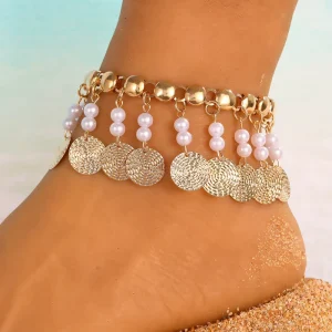 Vintage Ethnic Style Tassel Anklet Bohemian Fashion Shell Pearl Beach Vacation Foot Jewelry Seashell Leaves Pendant for Women