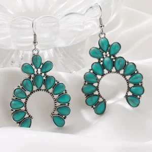 Vintage Ethnic Style Turquoise Gold Plated Alloy Hoop Earrings Bohemian C Shaped