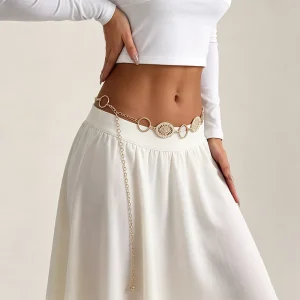 Vintage European American Hollow Floral Metal Waist Chain Belt Bohemian Wide Belt for Women