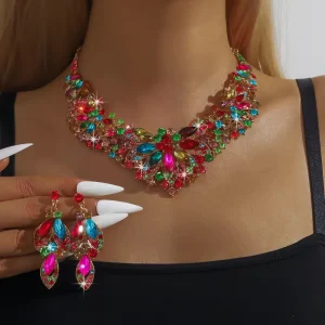 Vintage Fashion Alloy Crystal Rhinestone Earrings and Necklace Set for Wedding Banquet